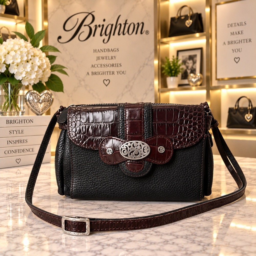 Brighton Crossbody Bag Black Vintage Brown Leather Croc Embossed Silver Hardware